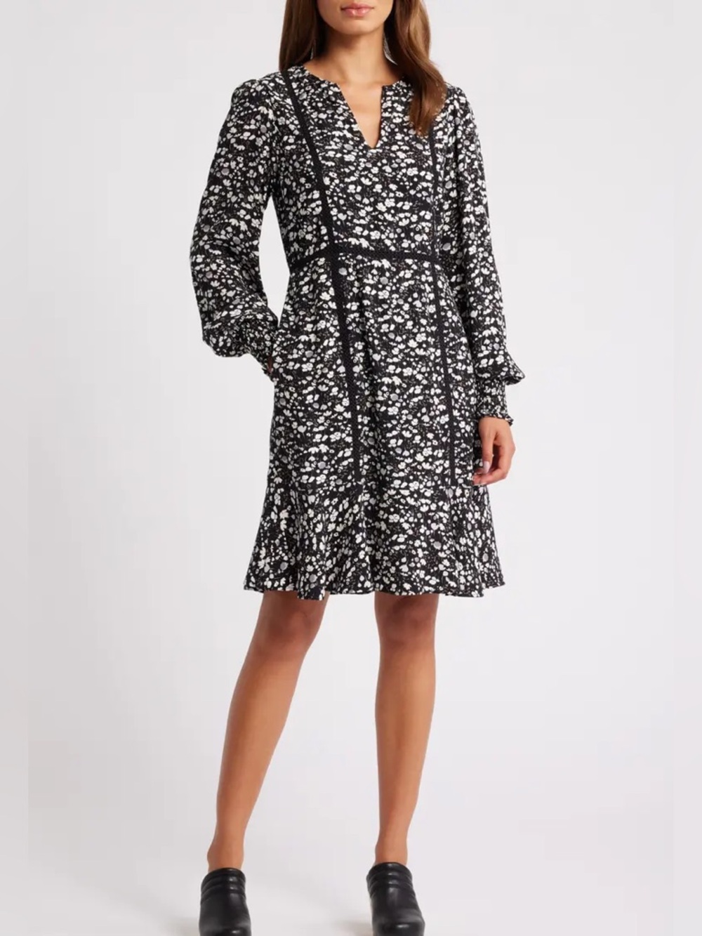 Nordstrom Caslon Floral Long Sleeve Dress with Lace Insets - Black - L